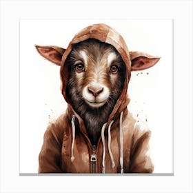 Watercolour Cartoon Goat In A Hoodie 3 Canvas Print
