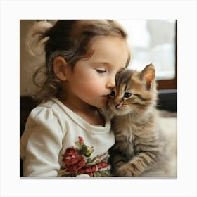 Little Girl Kissing Kitten Canvas Print