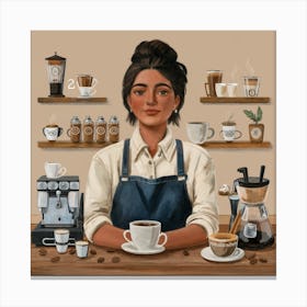 a skilled barista in a cozy coffee shop, surrounded by espresso machines, coffee beans, and latte art. This warm and visually rich art print is perfect for coffee enthusiasts and those who appreciate the craft of specialty coffee, bringing a touch of coffee culture to home decor. Canvas Print
