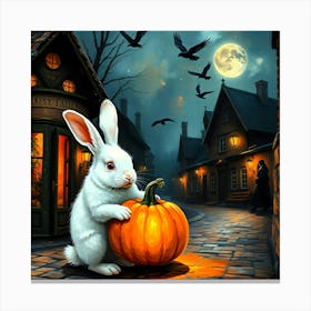 White Rabbit With Pumpkin At Night In Village - Diverse Art Illustration 25 Canvas Print