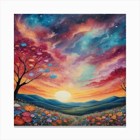 Sunset Over Flowers Canvas Print