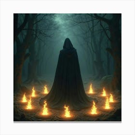 A Dark Sorcerer In A Ritual Circle Of Glowing Runes 1 Canvas Print