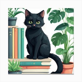 Black Cat On Bookshelf Canvas Print