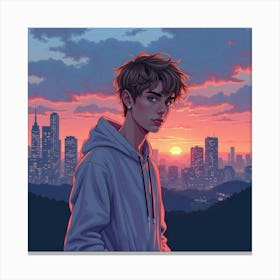 Justin Bieber With A Watercolor Skyline In The Background At Twilight Canvas Print