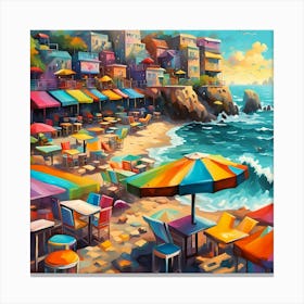 A Majestic Vista From Atop A Beach Cliff Overlooking Waves Beach Bars Chairs And Umbrellas 1 Canvas Print
