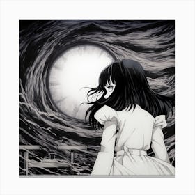 creepy girl enourmous eye black and white manga Junji Ito style Canvas Print