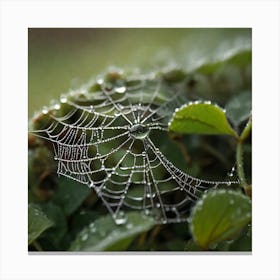 Macro shot of a spider web covered in morning dew, intricate Canvas Print
