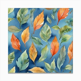 Watercolor Leaves On Blue Background Art Print Canvas Print