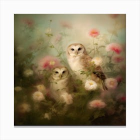 Barn Owls In Flowers Canvas Print