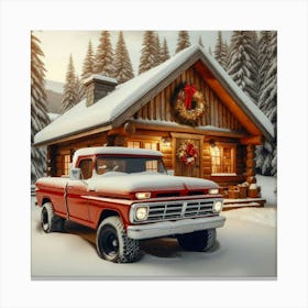 Christmas Truck In Front Of Cabin Canvas Print