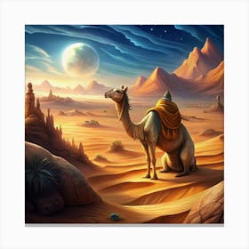 Camel In Desert Landscape With Moon Canvas Print