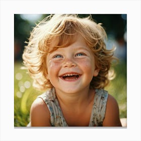 Strawberry Blond Child With Bright Blue Eyes Dusting Of Freckles Across The Nose Candid Laughter C Canvas Print