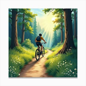 Mountain Bike On A Winding Forest Trail With Sunbeams Watercolor 1 Canvas Print