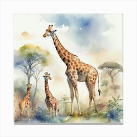 Giraffe In The Wild With Other Animals Watercolor Sty 1 Canvas Print