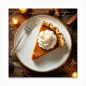 Top View Of A Pumpkin Pie Slice Adorned With A Dollop Of Whipped Cream Resting On A Rustic Wooden T Canvas Print