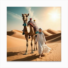 Muslim Girl With Camel In The Desert Canvas Print