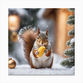 Squirrel Eating Corn In The Snow Canvas Print