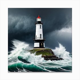 Lighthouse In Stormy Sea Canvas Print