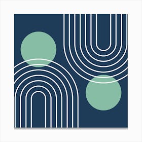 Mid Century Modern Geometric In Navy Blue And Greenery (Rainbow And Sun Abstract) 02 Canvas Print