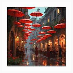 Red Umbrellas In The Rain 2 Canvas Print