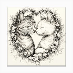 Delicate Ink Drawing of Cats Love Heart 2 Canvas Print