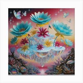 A Surreal Scene Featuring Giant Flowers Sprouting From Floating Islands With An Interesting Blend Of Coral Reefs, Butterflies, And Stars 2 Canvas Print