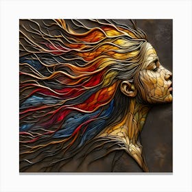 Portrait Of A Woman's Face In Sideways - An Embossed Abstract Artwork In Red, Blue, Orange, And Yellow Colors, Veins-Like Textured Flowing Hair, With Neck And The Face Created With Stone Bead Effect In Golden Color. Canvas Print