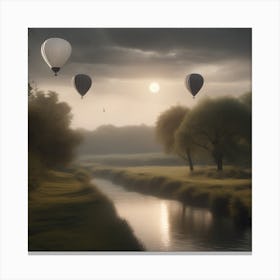 Hot Air Balloons Over A River Landscape Canvas Print