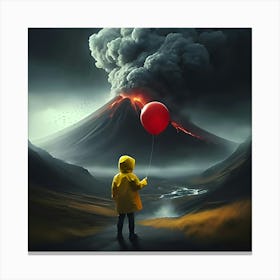 A Boy Wearing A Yellow Rain Coat Holding A Red Ballon, Standing In Front Of A Smokey Volcano, Digital Art 9 Stampe su tela