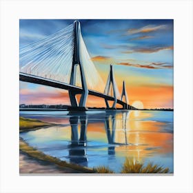 Sunset over the Arthur Ravenel Jr. Bridge in Charleston. Blue water and sunset reflections on the water. Oil colors.4 Canvas Print