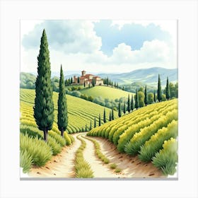 Classic Tuscan Landscape In Watercolor, With Vineyards And Cypress Trees 1 Canvas Print