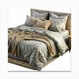 Bed With Beige And Grey Bedding And Wooden Frame Canvas Print