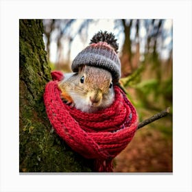 Firefly Squirrel, Closeup, Cute, Knitted, Hat, Scarf, Branch, Tree, Autumn, Cozy, Woodland, Nature, (11) Canvas Print