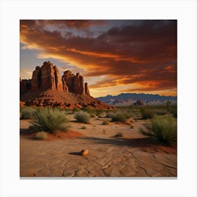 A Dramatic Desert Landscape With Red Rock Formations And A Vibrant Sunset Sky 2 Canvas Print