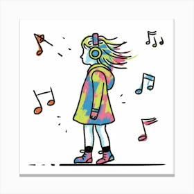 Girl With Headphones And Music Notes Canvas Print