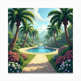 A Peaceful Oasis Surrounded By Palm Trees And Vibrant Flora 1 Canvas Print