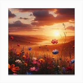 Sunset With Flowers Canvas Print