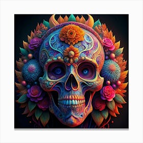 Ornate Sugar Skull With Flowers And Vibrant Colors Canvas Print