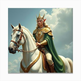 Elven Prince With A Golden Crown, Riding A Majestic White Steed 1 Canvas Print