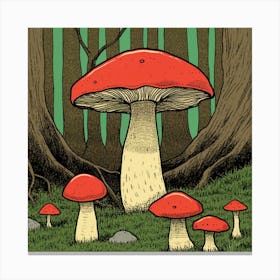 Red Mushrooms In The Forest Canvas Print