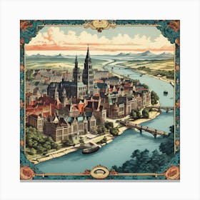 A Vintage Map, Of A Historic City With Ornate Borders And Labels art print 5 Canvas Print