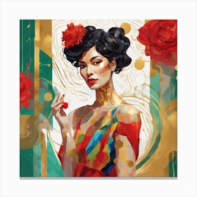 Asian Woman With Red Roses Canvas Print