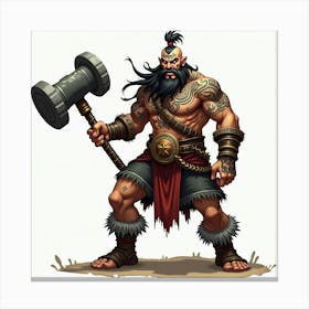 Fierce Warrior With Tribal Tattoos, Wielding A Massive War Hammer 1 Canvas Print