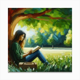 Girl Reading A Book Under A Tree, Acrylic Painting Style Canvas Print