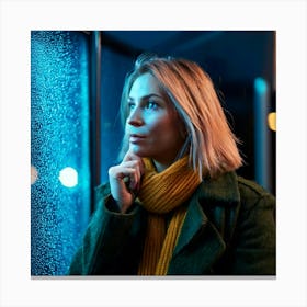 Firefly Pensive Woman At Rainy Bus Shelter With Neon Glow 57650 Canvas Print