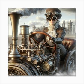 Steampunk Woman Driving Steam Engine Canvas Print