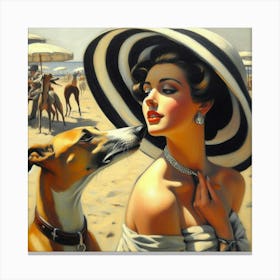 Lady And Dog On The Beach Canvas Print