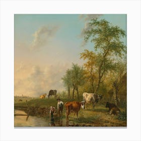 Cows By A River Canvas Print