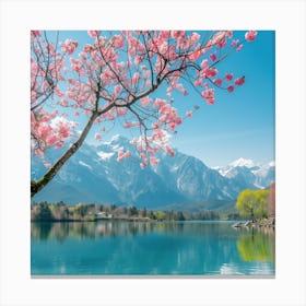 Cherry Blossom Tree In Front Of Lake Canvas Print