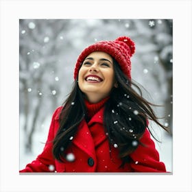 Happy Woman In The Snow Canvas Print